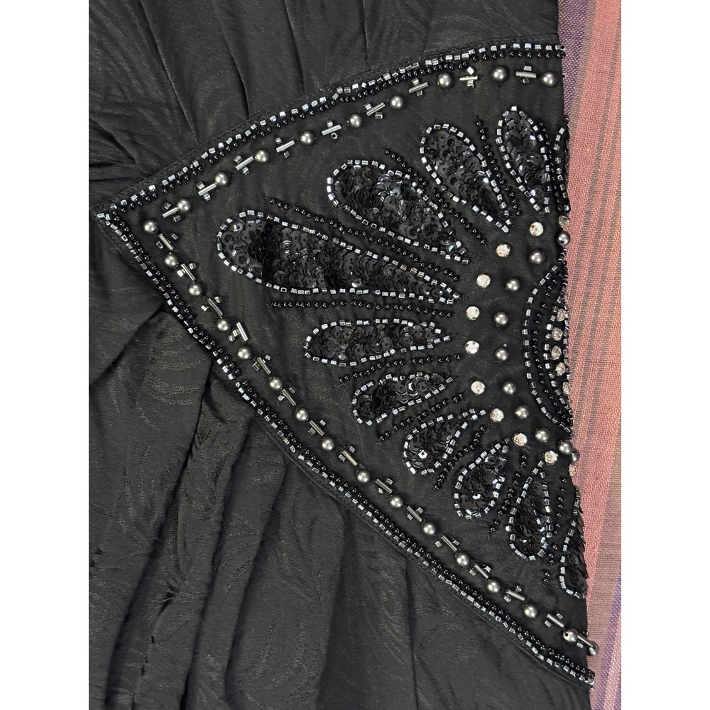 Vintage 80s 90s d'ore Black Silk Jacquard Peacock Beaded Sequin Midi Dress 6 - Picture 6 of 8
